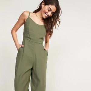 Linen-Blend V-Neck Cami Jumspsuit for Women - Olive Green